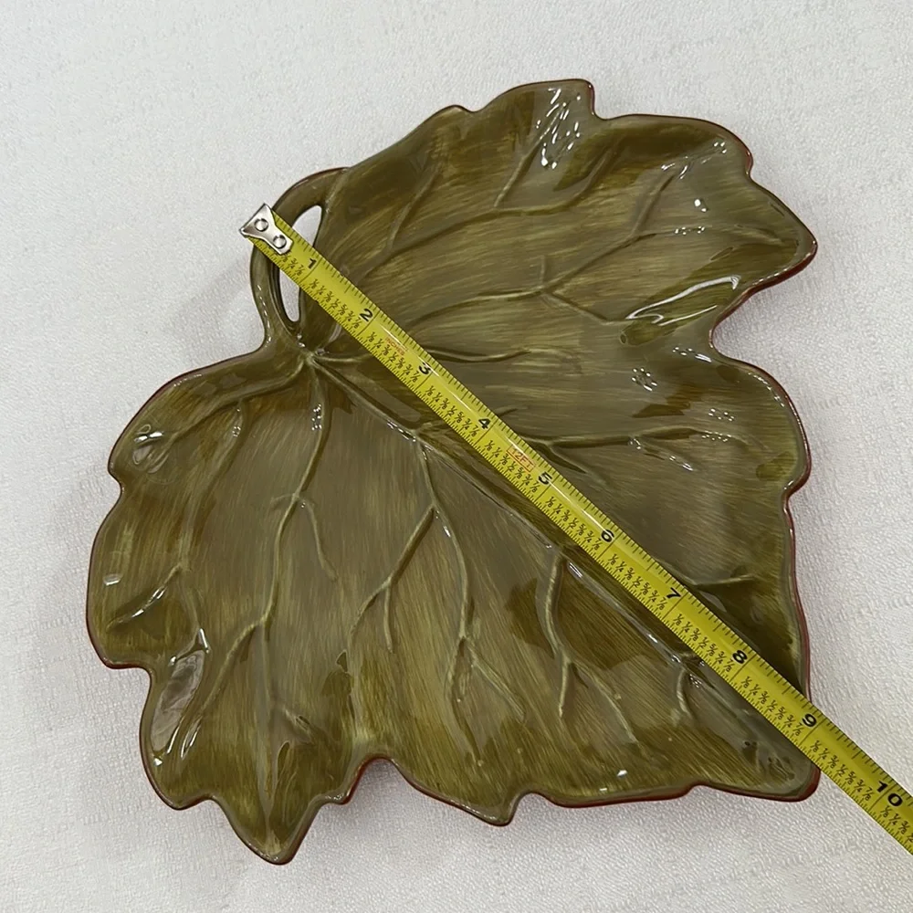 Autumn Harvest Hand Painted Green Leaf Plate & Bowl Dish Set